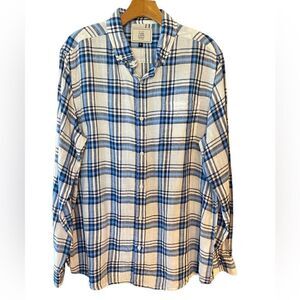 John Lewis Sz XL Blue Plaid 100% Linen Luxury Casual Long Sleeve Collar Shirt